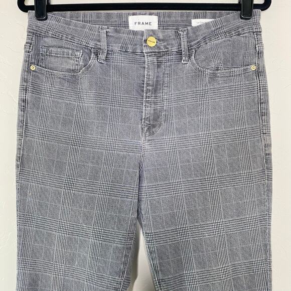 FRAME Le Crop Mini Boot Washed Gray Plaid Check Cropped Bootcut Jeans 30 - Picture 2 of 11